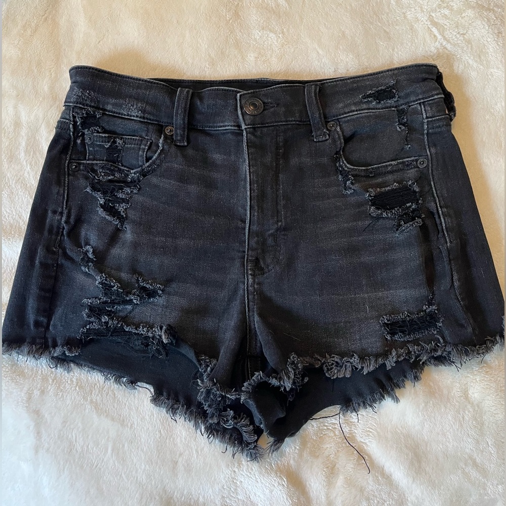 American Eagle Hi-Rise Shortie Distressed Black Jean Shorts Size 8